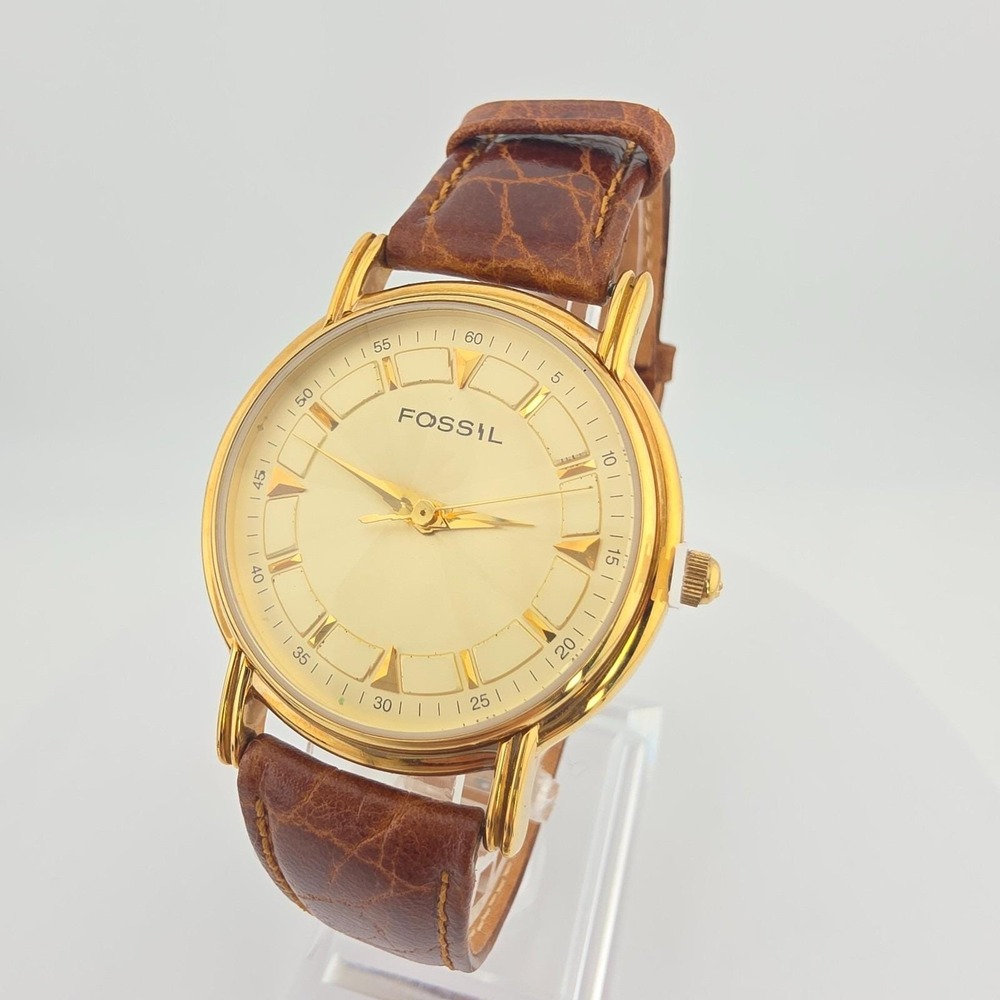 Vtg 1990s FOSSIL Prism Crystal Watch PC-9503 Brown Leather Band Gold Plate 7.75"